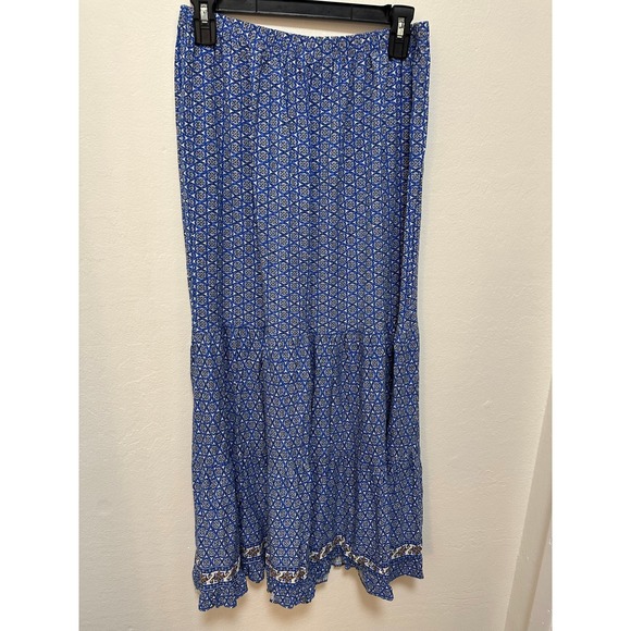 MAX Studio London Blue Print Maxi Skirt Boho Tiered Ruffle Trim Small - Picture 2 of 7